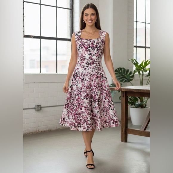 White House Black Market Dresses & Skirts - White House Black Market Floral Fit and Flare Dress Midi Pockets Spring Sz 8